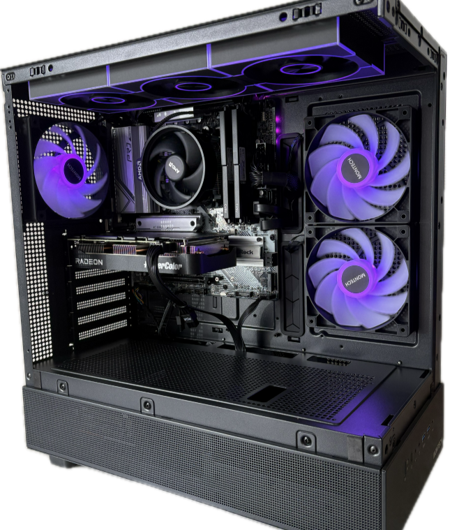 【お見積りPC】ケース:MONTEXH XR （B）CPU:RYZEN 5 7600 GPU:RADEON RX9060XT 16GB マザーボード:ASrock B650m PRO RS CPUクーラー:リテールクーラー メモリ:DDR5 4800Mt/s 16GB×２ SSD:1TB GEN4  電源ユニット:650W BRONZE認証 OS:Windows11HOME  保証:1年保証（自然故障のみ）追加ファン:DM8 LINE 3つ